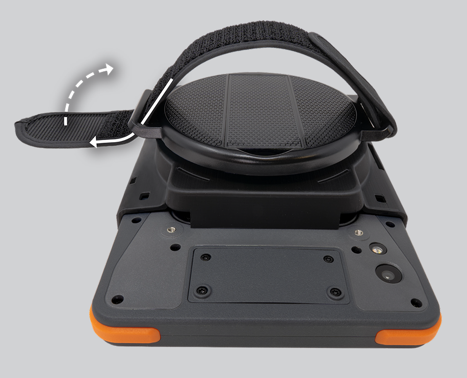 Thread the hand strap through the loops on the rotation mechanism