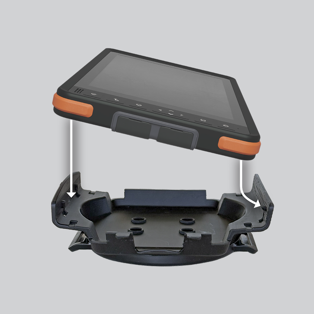 Clip the tablet into the hand strap.