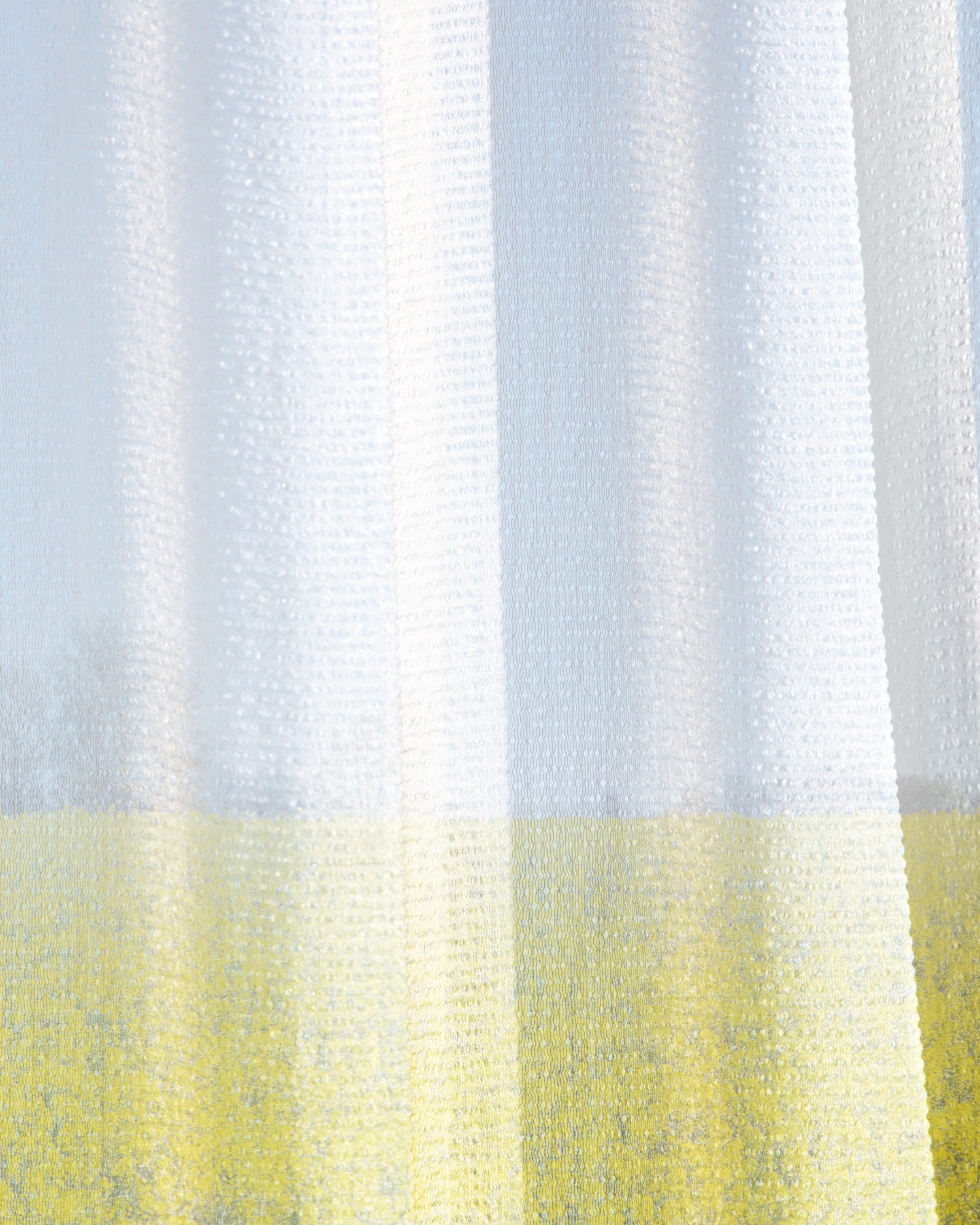 Campaign motif of a bright curtain. In the background a yellow rape field shines through.