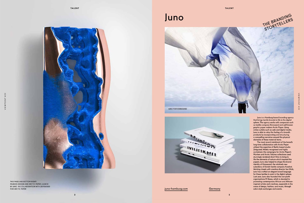 Double-page article about JUNO's work for textile brand Kinnasand and paper manufacturer Arctic Paper.