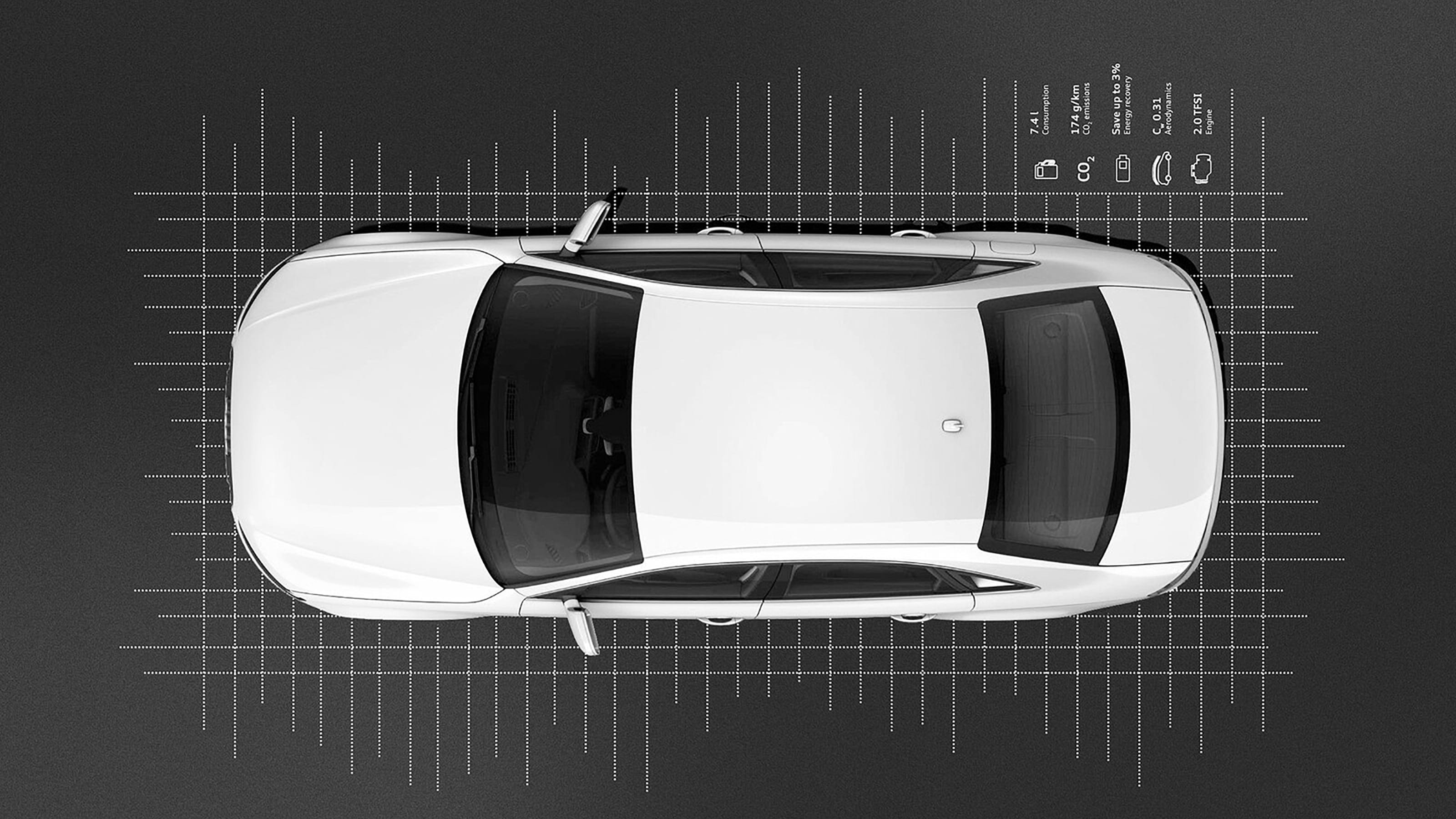 Bird's eye view of a white Audi sedan at a trade show