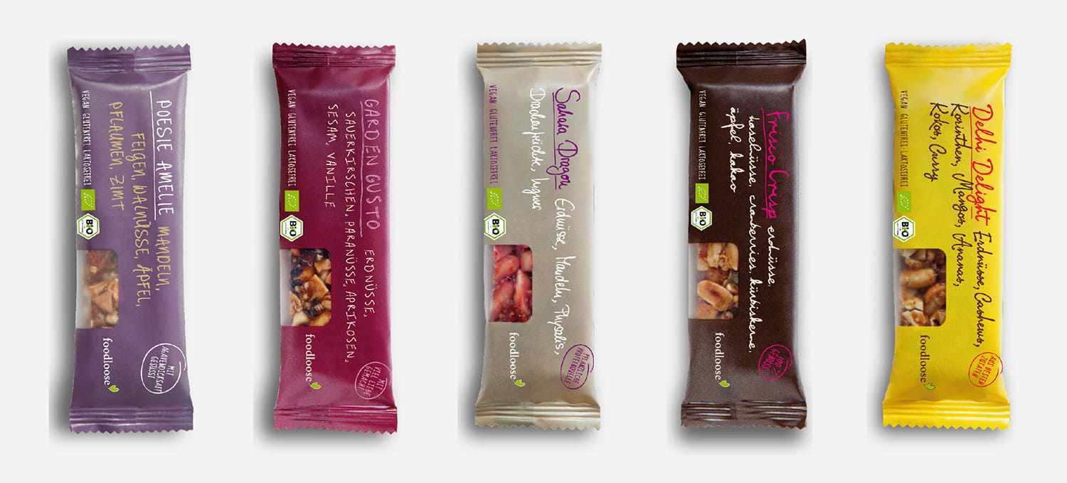 Five Foodloose bars: Poetry Almond, Garden Gusto, Sahara Dragon, Frisco Crisp and Dehli Delight (from left to right).