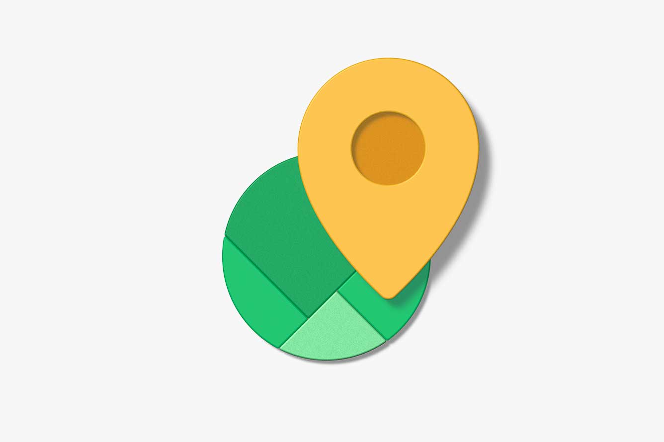 Icon: Gelbes Standort-Icon auf grüner, abstrakt dargestellten Weltkugel.