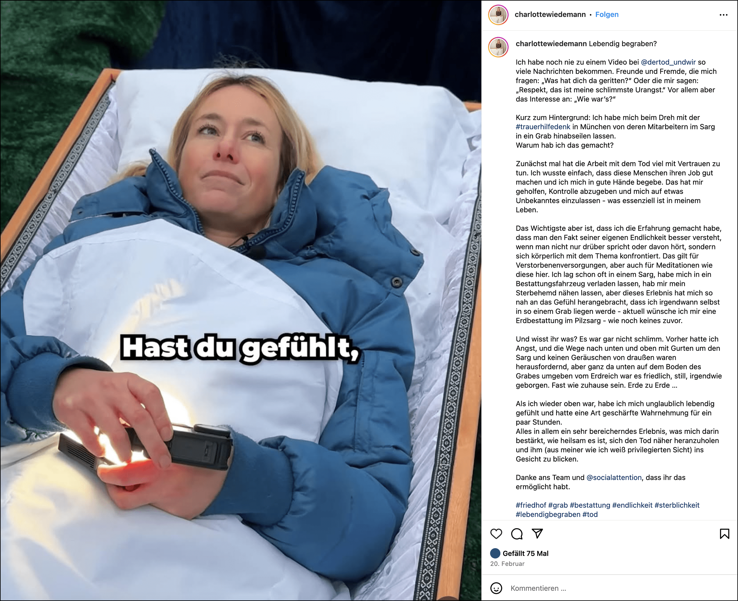 Screenshot of an Instagram post by Charlotte Wiedemann commenting on the video by “@dertod_undwir” in which she got herself buried alive.