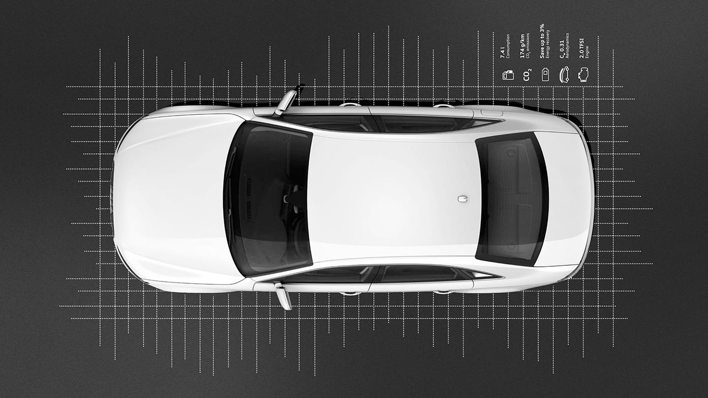 Bird's eye view of a white Audi sedan at a trade show