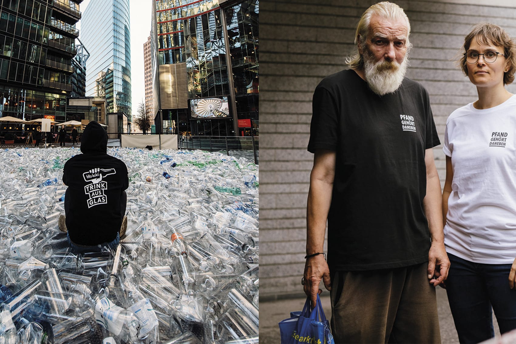 Links sitzt ein Mensch inmitten von Plastikflaschen im urbanen Raum. Rechts steht ein Mann und eine Frau nebeneinander. Alle drei Personen haben Fritz-Merch an.