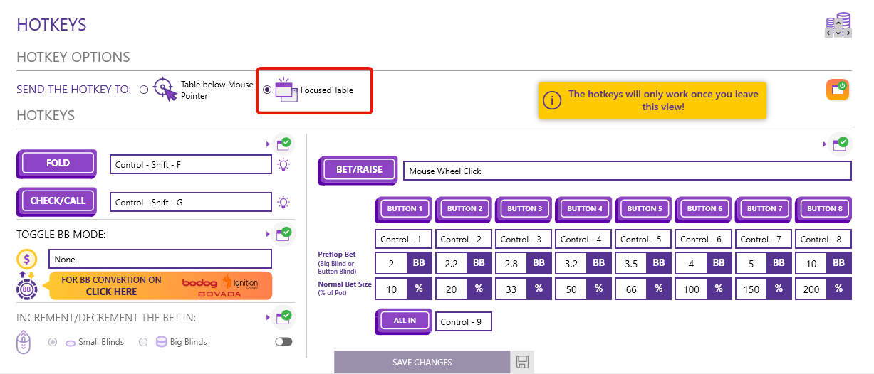 Hotkeys for poker on focused table mode