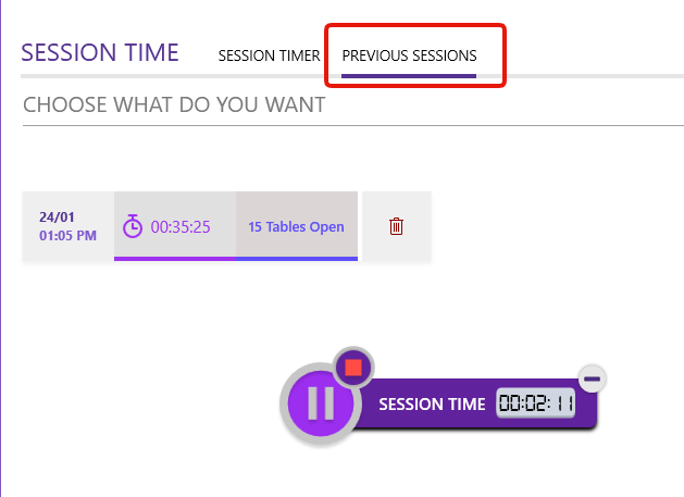 Session timer for poker and previous sessions information