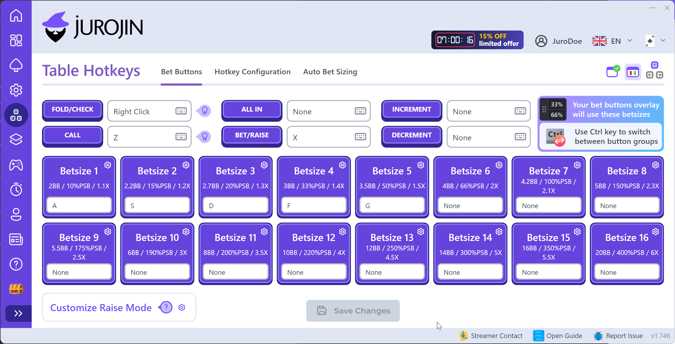 Setup the Jurojin bindings you will actually use to play GGPoker