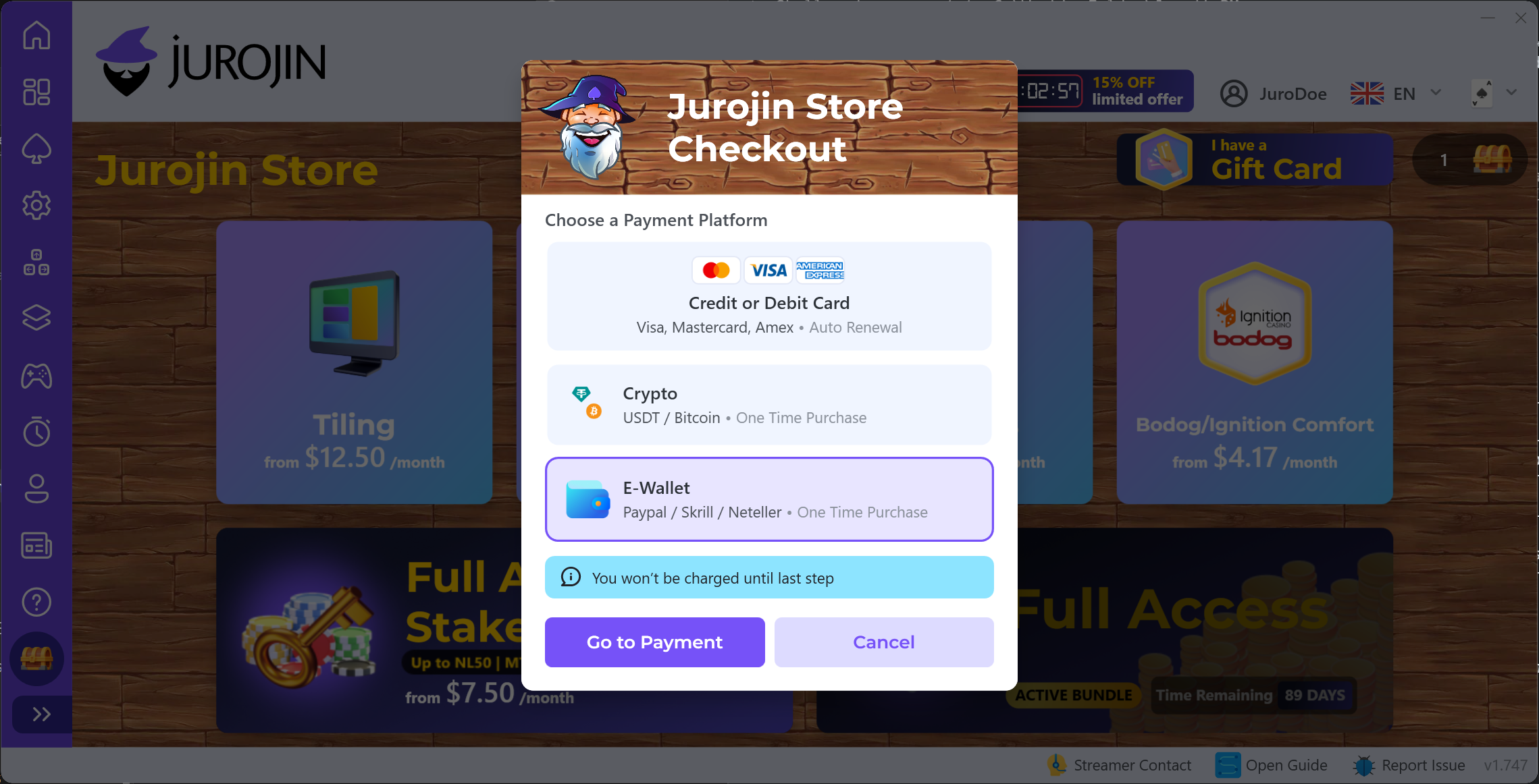Select E-Wallets (Verifone) as your payment method at Jurojin checkout