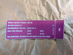 US 560SL R107 Tyre pressure Decal