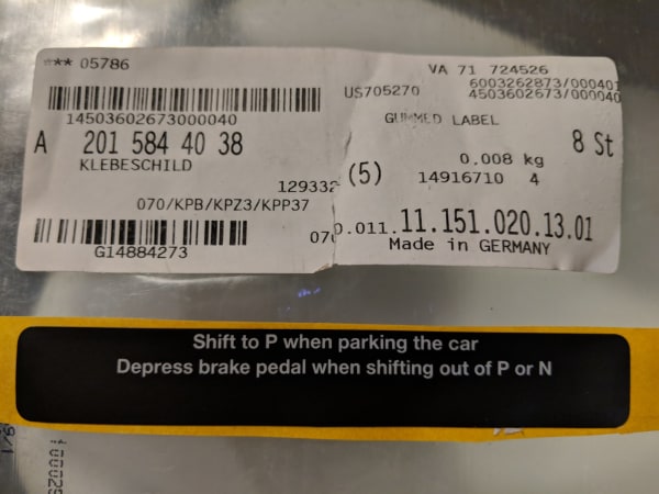 Shift into Park Warning Label for Centre Console