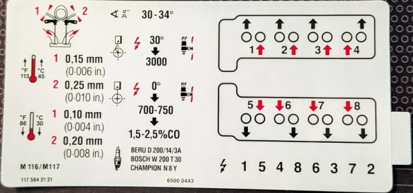 Engine Data Sticker M116 M117 V8 Valve Clearance R107 W126