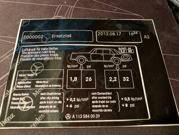W113 Tyre Pressure Decal