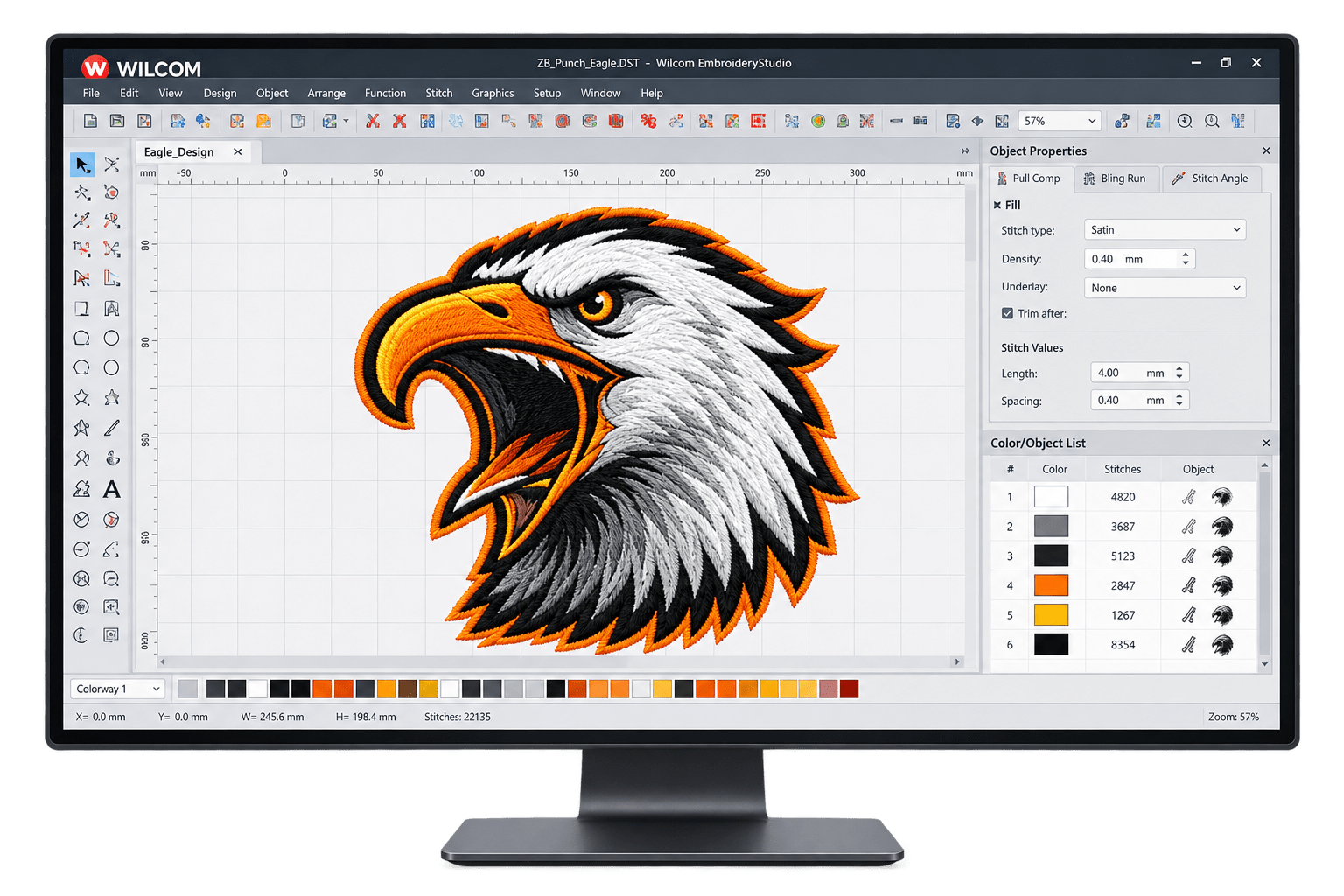 An eagle head design being digitized in Wilcom EmbroideryStudio