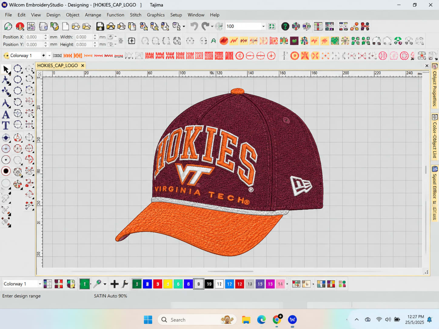 Cap front, two-colour arch — sewn out on the garment