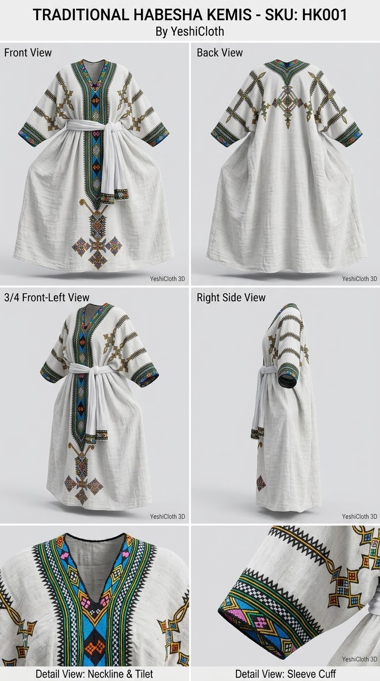 Elegant Ethiopian Habesha Kemis featuring traditional Ethiopian-inspired design and detailing.