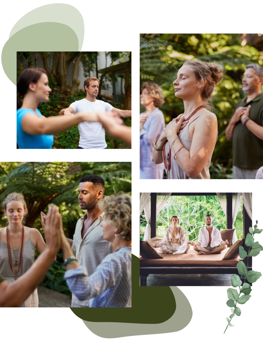 People participate in group meditation and mindfulness activities, both outdoors and indoors, during an International mental health wellness retreat, standing with eyes closed, hands together, or seated cross-legged on cushions.