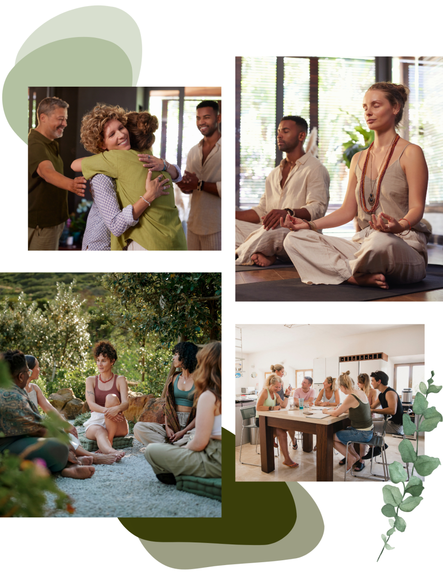 A collage shows people meditating, sitting in a group outdoors during a mental health retreat, hugging in greeting indoors, and talking together representing retreats in the United States and worldwide.
