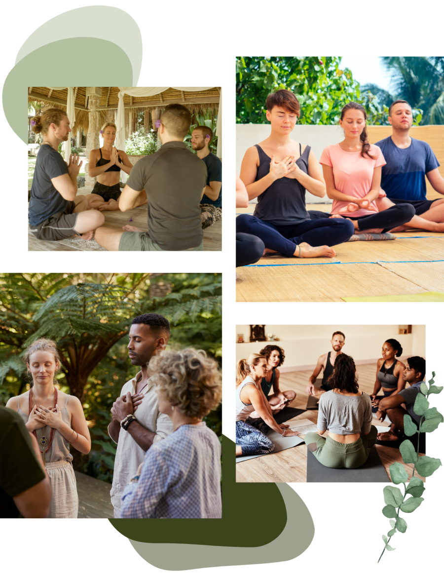 Collage of diverse groups of people practicing meditation or mindfulness in indoor and outdoor settings at a health and wellness retreat.