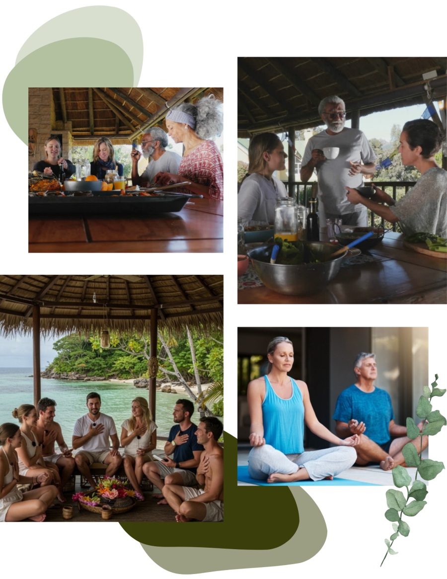 Four images of people at emotional healing retreats and holistic health retreats, eating together, cooking, gathering outdoors, and practicing yoga in a serene, tropical setting.