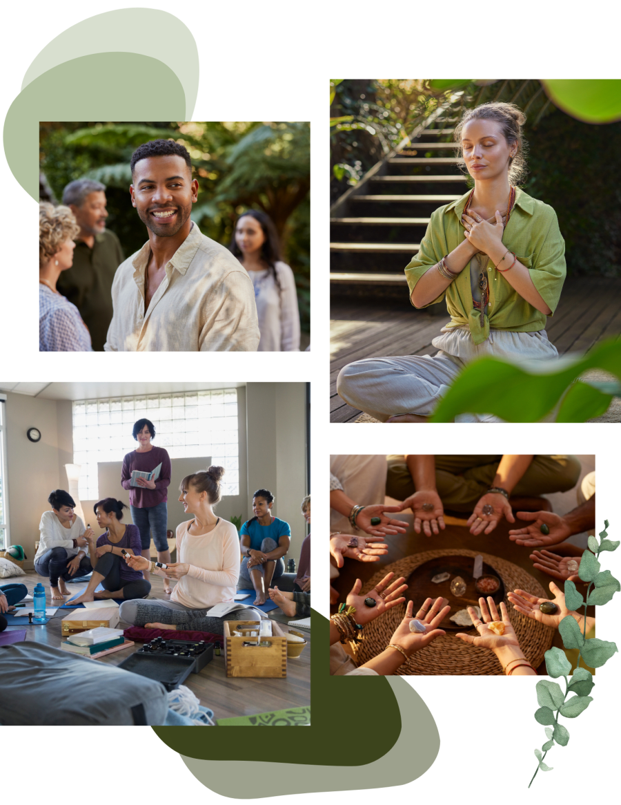 A group of people participating in a mental wellness retreat and meditation activities, including group discussion, meditation, and showing stones in their hands.