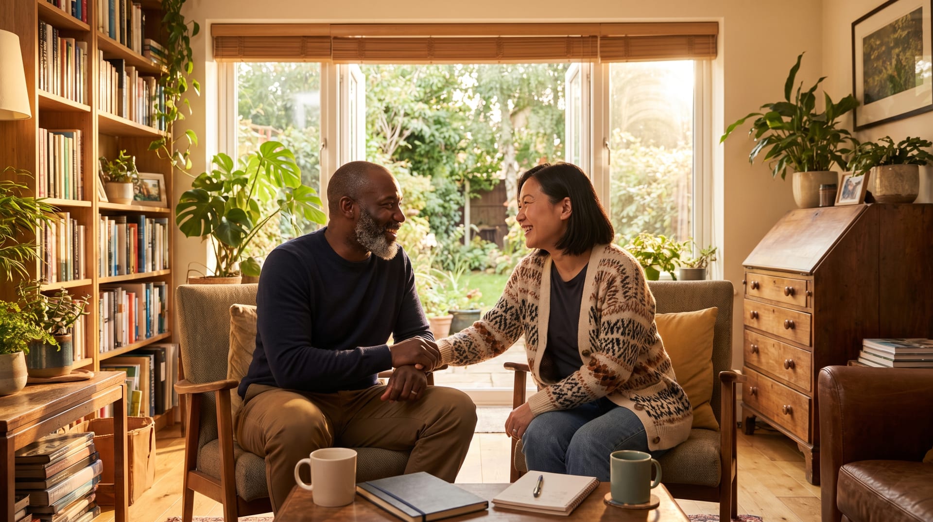 A client and therapist discussing CBT and ACT during a therapy session.