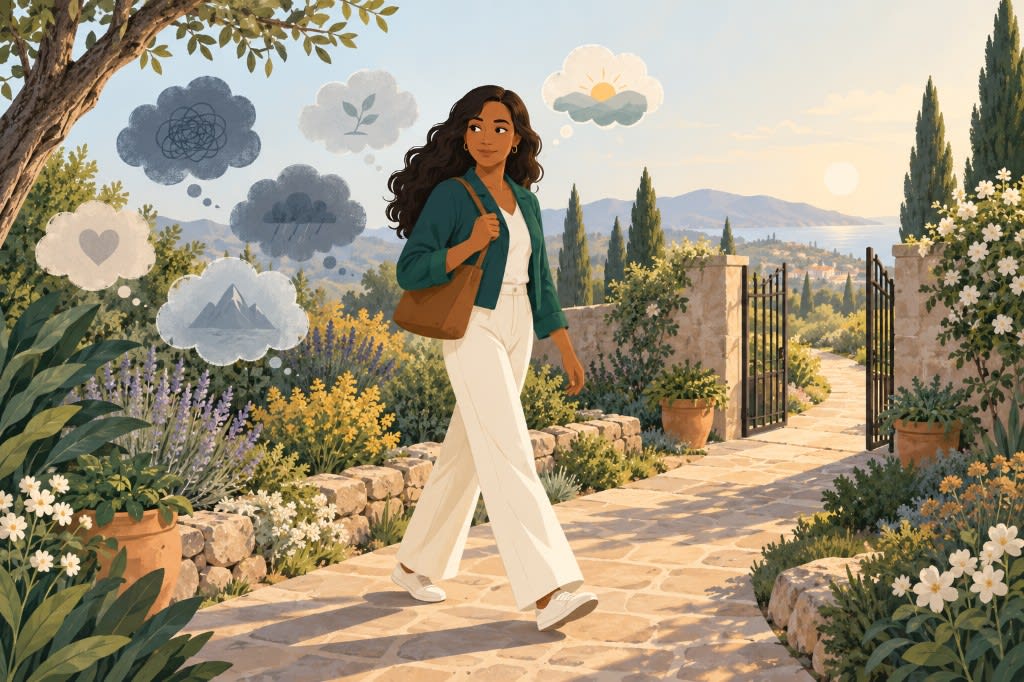 A woman walking a sunlit garden path while stormy and clear thought clouds drift around her, none of them blocking her way