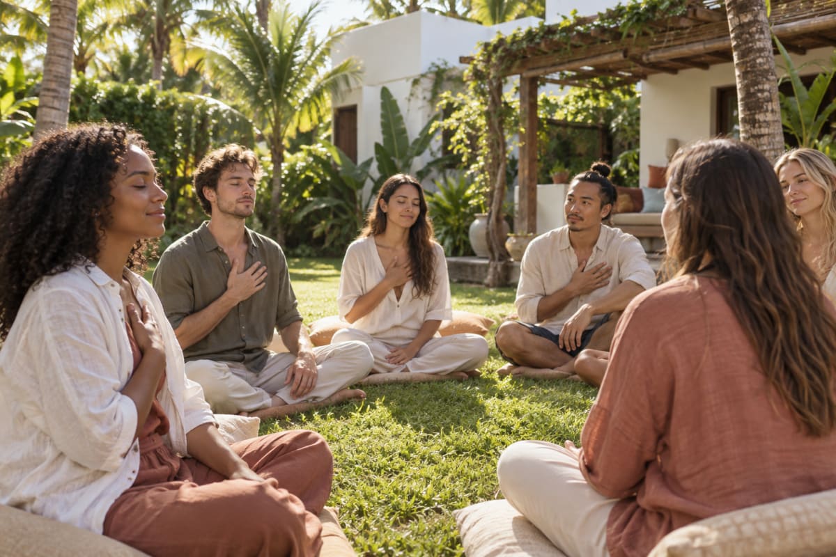 A diverse group sits in a guided meditation circle on a lawn at a tropical mental health retreat, hands over their hearts.