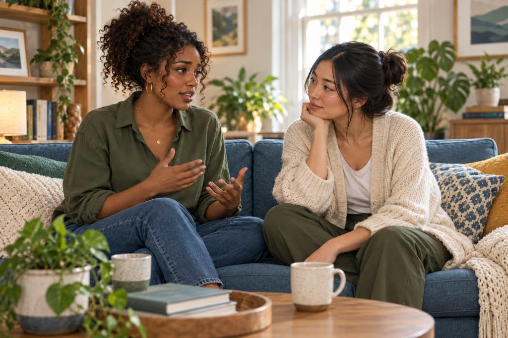 Two people connecting through an attentive, supportive conversation.