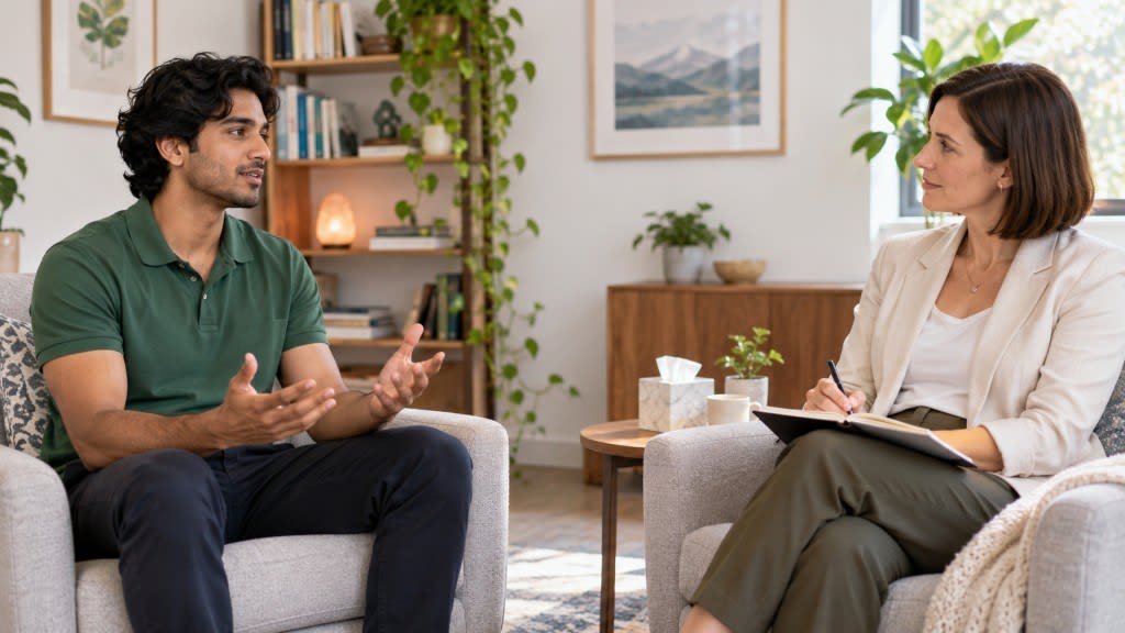 A man talks with his hands while a therapist takes notes during a ketamine-assisted psychotherapy session.