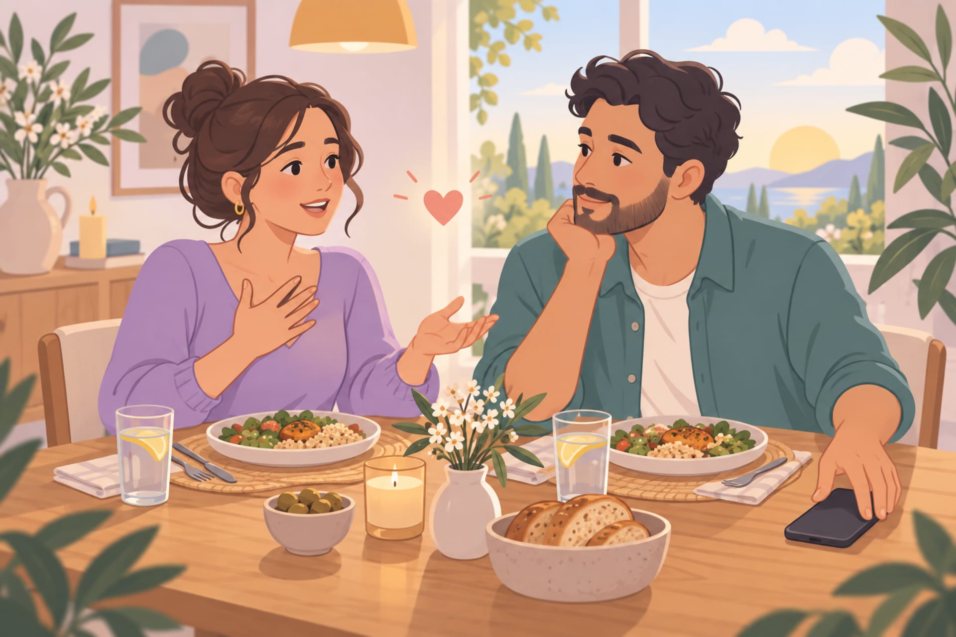 A woman in a lavender sweater and a man in a teal shirt sit at a candlelit dinner table talking, with a heart between them and a phone face-down beside his plate.