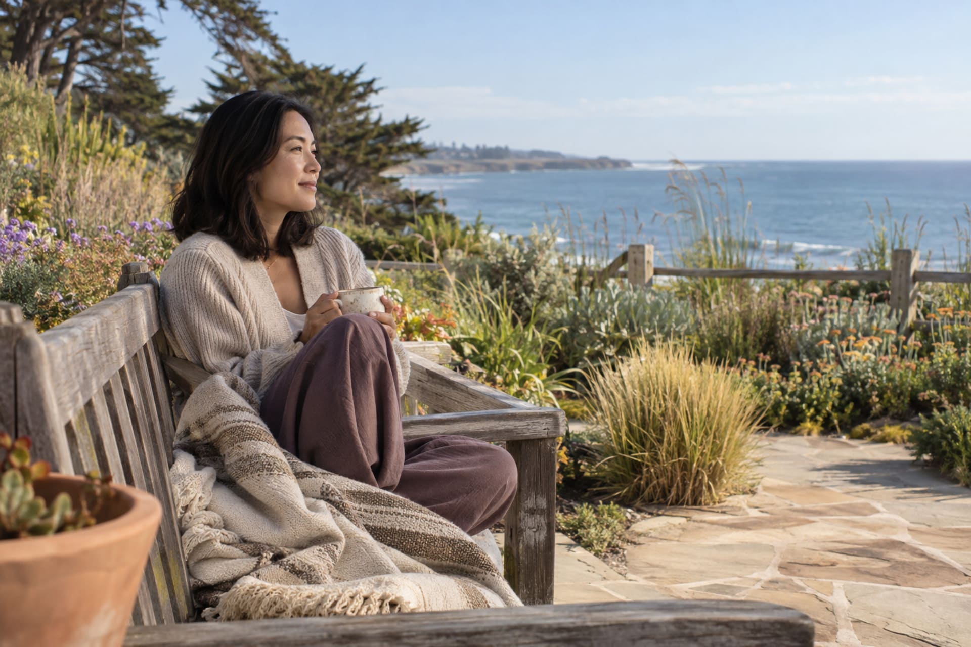 A woman in a cream cardigan sits on a wooden garden bench overlooking the California coast, holding a mug during an emotional healing retreat.
