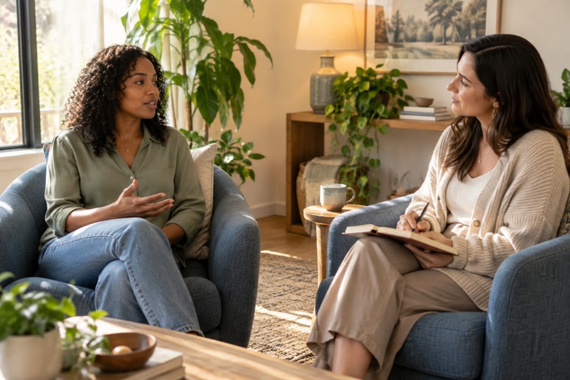 Therapist and client in a calm office, illustrating a whole-person approach to therapy.