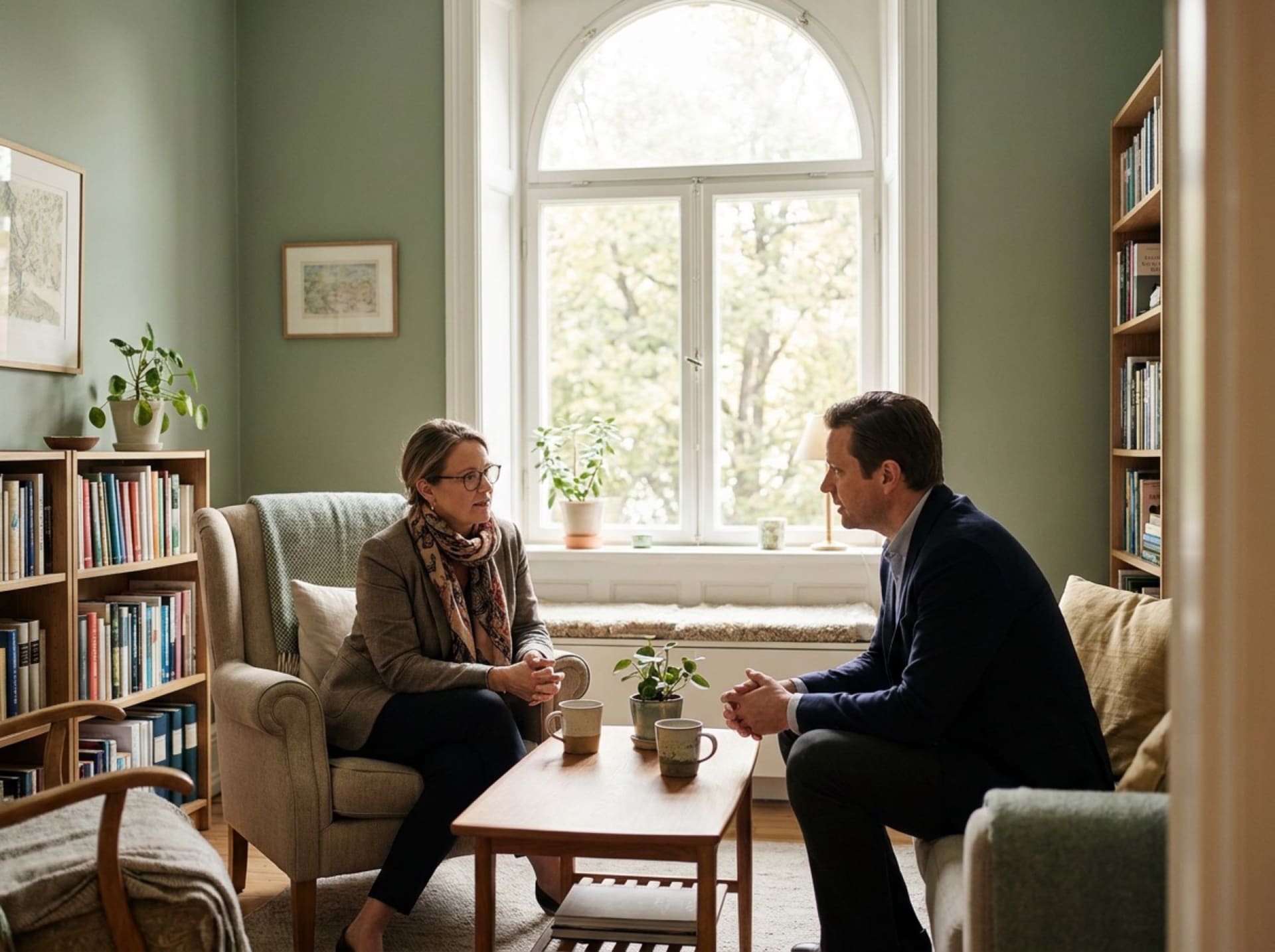Psychologist and executive in a calm coaching conversation