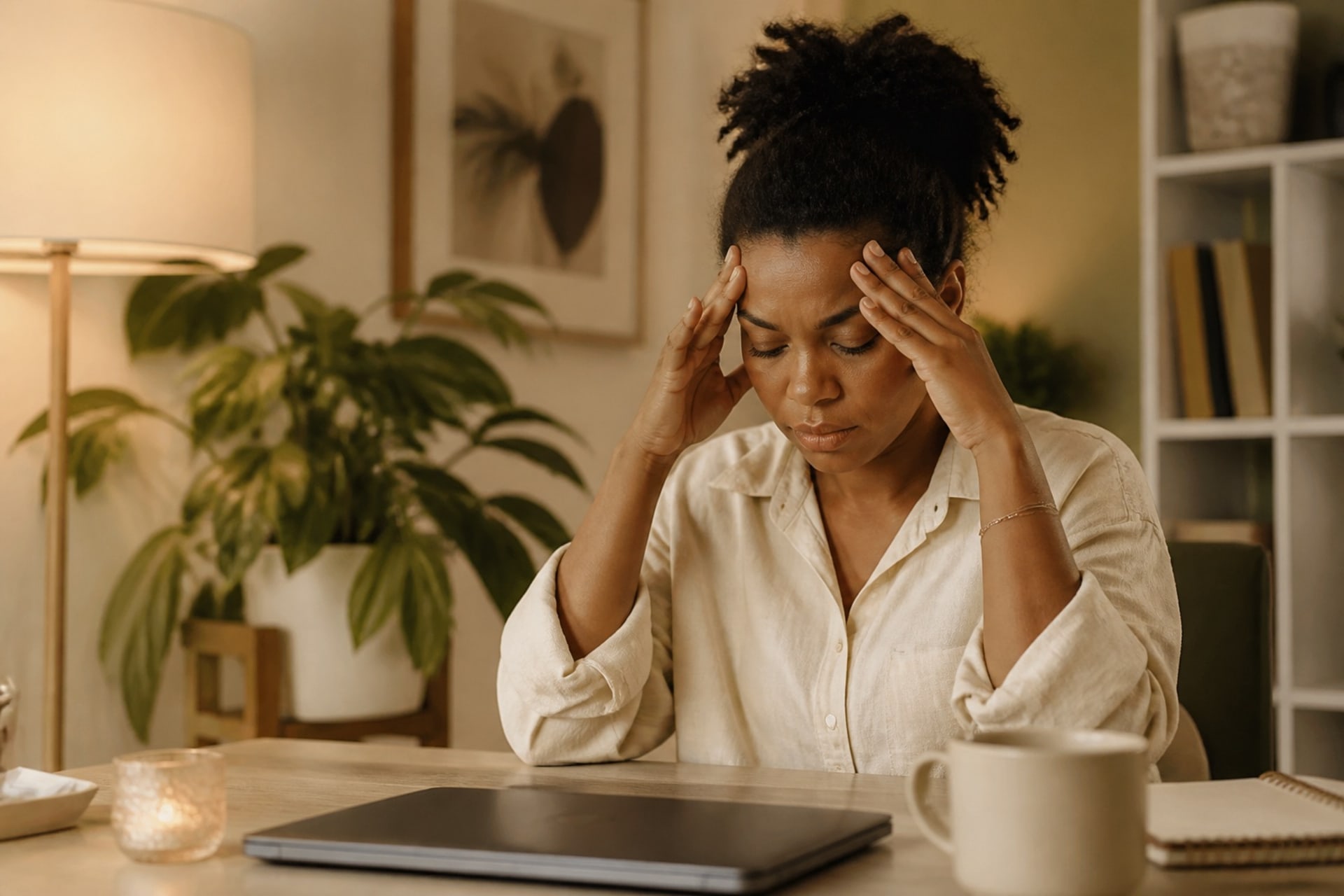 Person exhausted at a home office desk