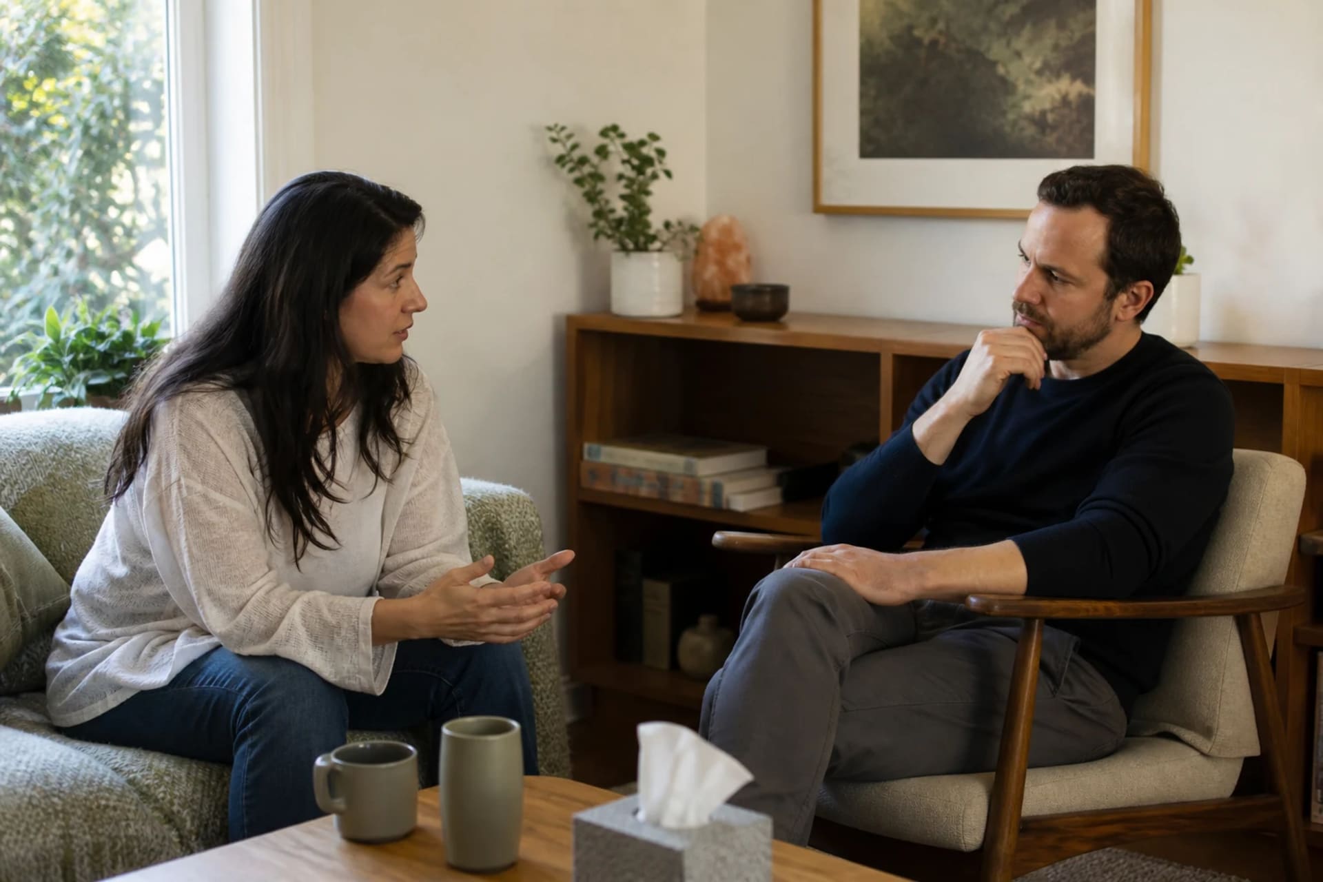 Two adults in a calm, attentive conversation — the relational work SchemACT training supports