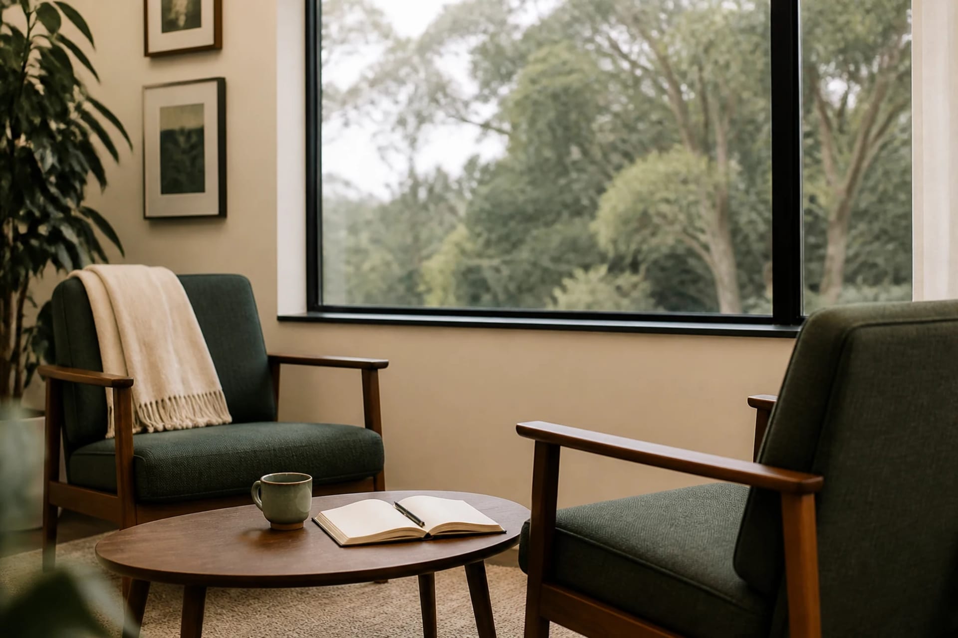 Quiet clinical space with two chairs ready for relational work