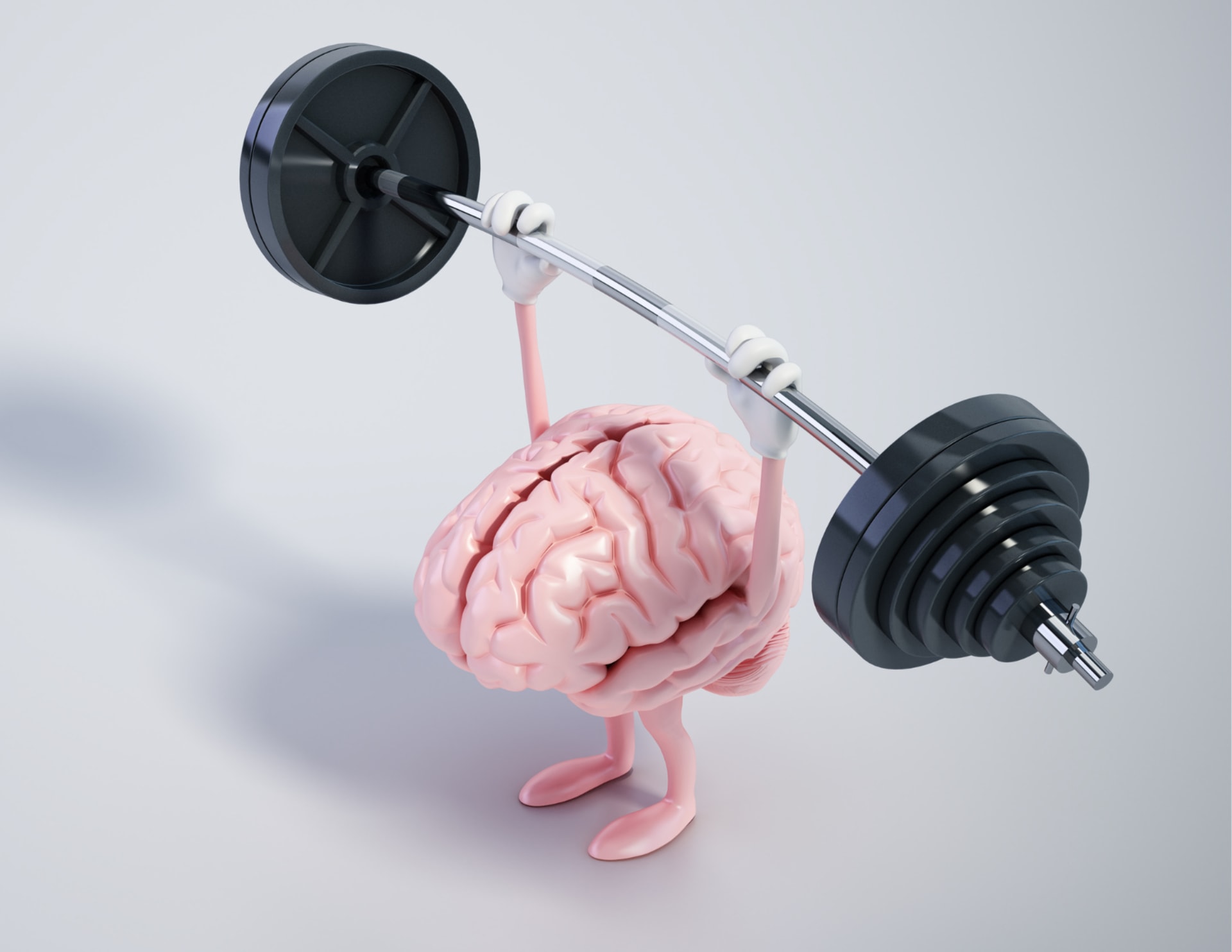 A cartoon brain with arms and legs is lifting a heavy barbell with both hands against a plain background.