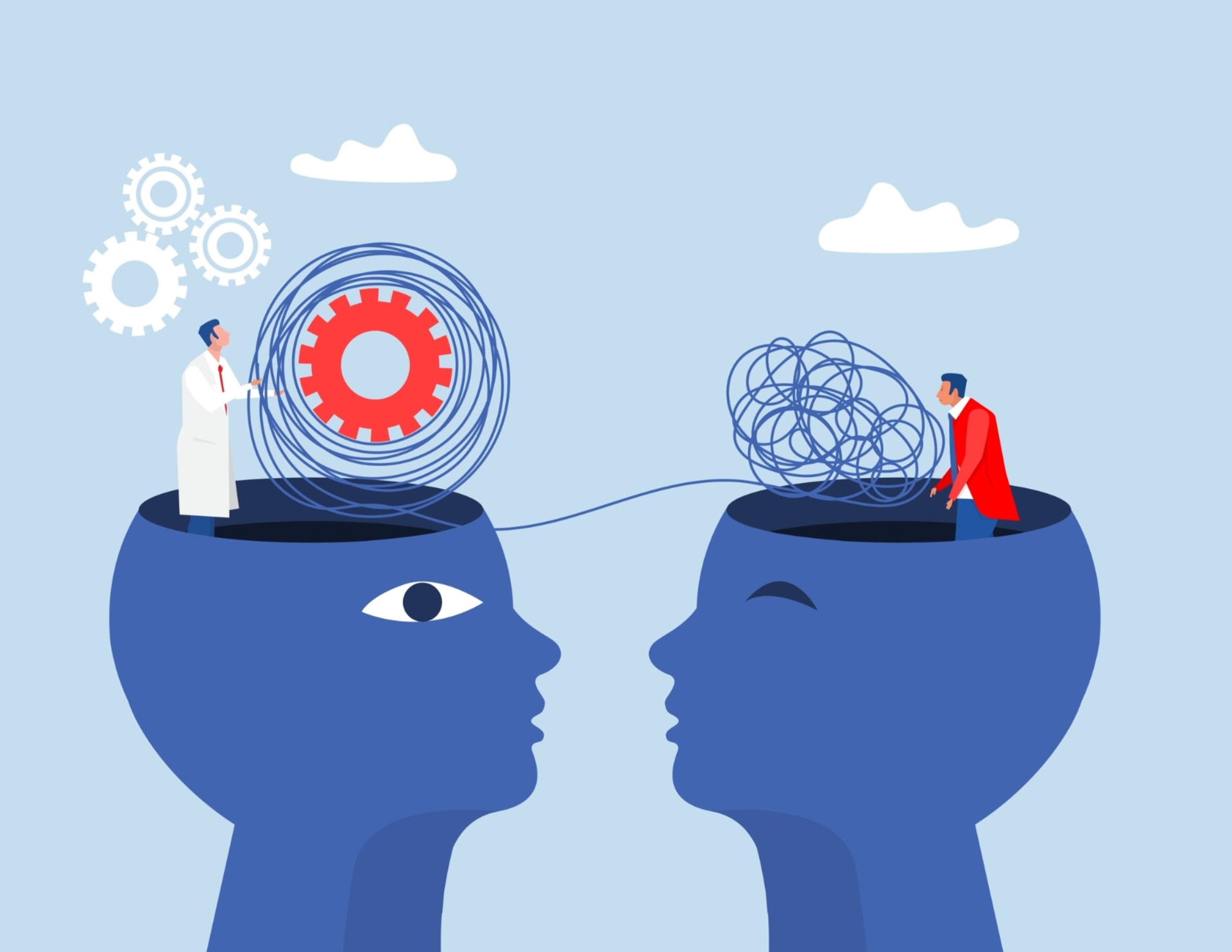 Illustration of one person untangling a chaotic thought from another’s head and turning it into an organized gear system.