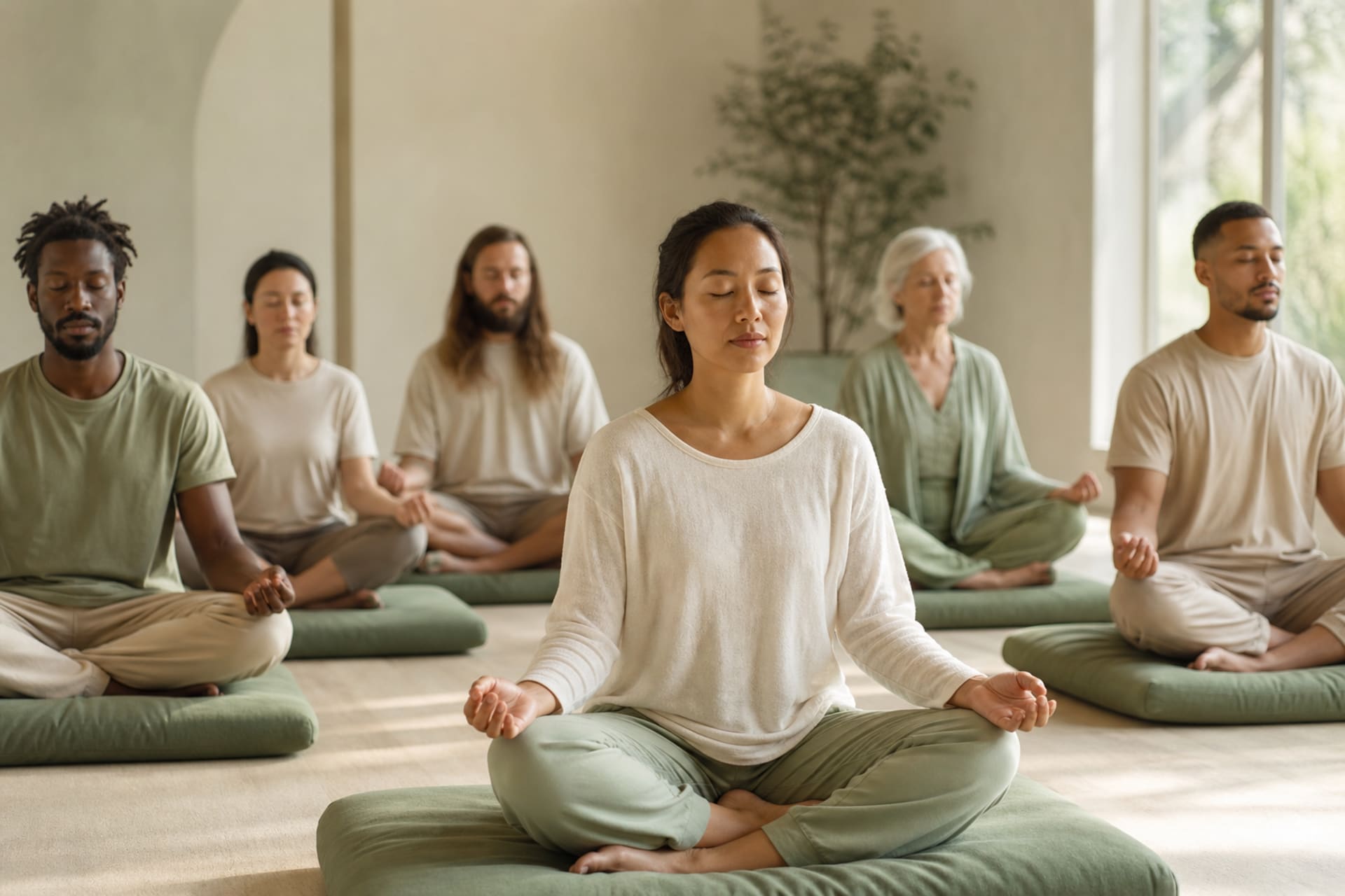 Group sitting in meditation during a mindfulness retreat.
