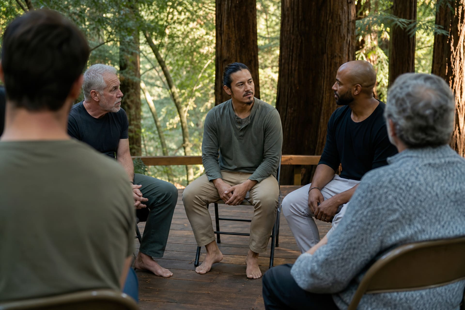 Men in a supportive circle during a men's healing retreat.