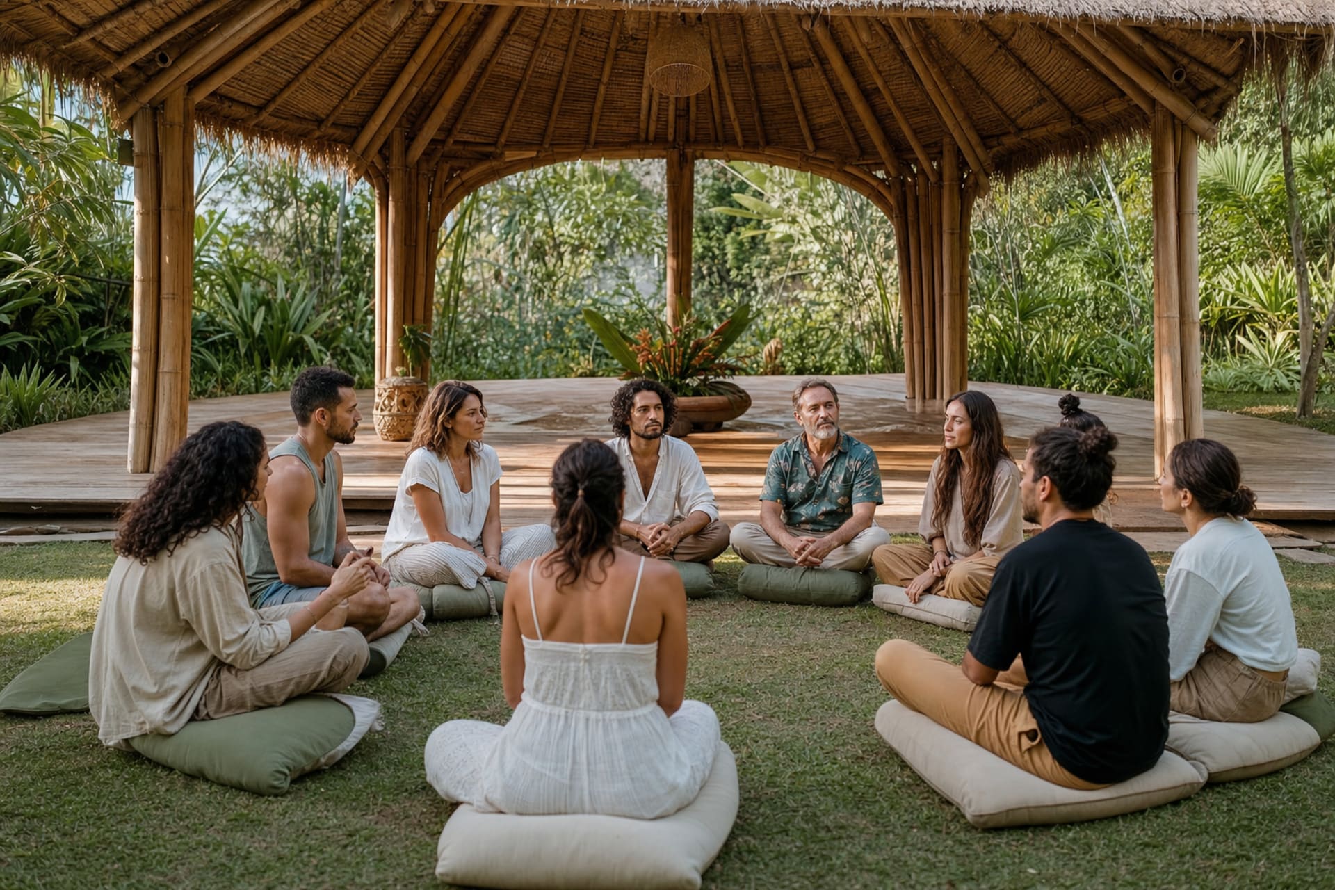 Group sitting in a circle on the beach outside a tropical open-air hut during an integration retreat.
