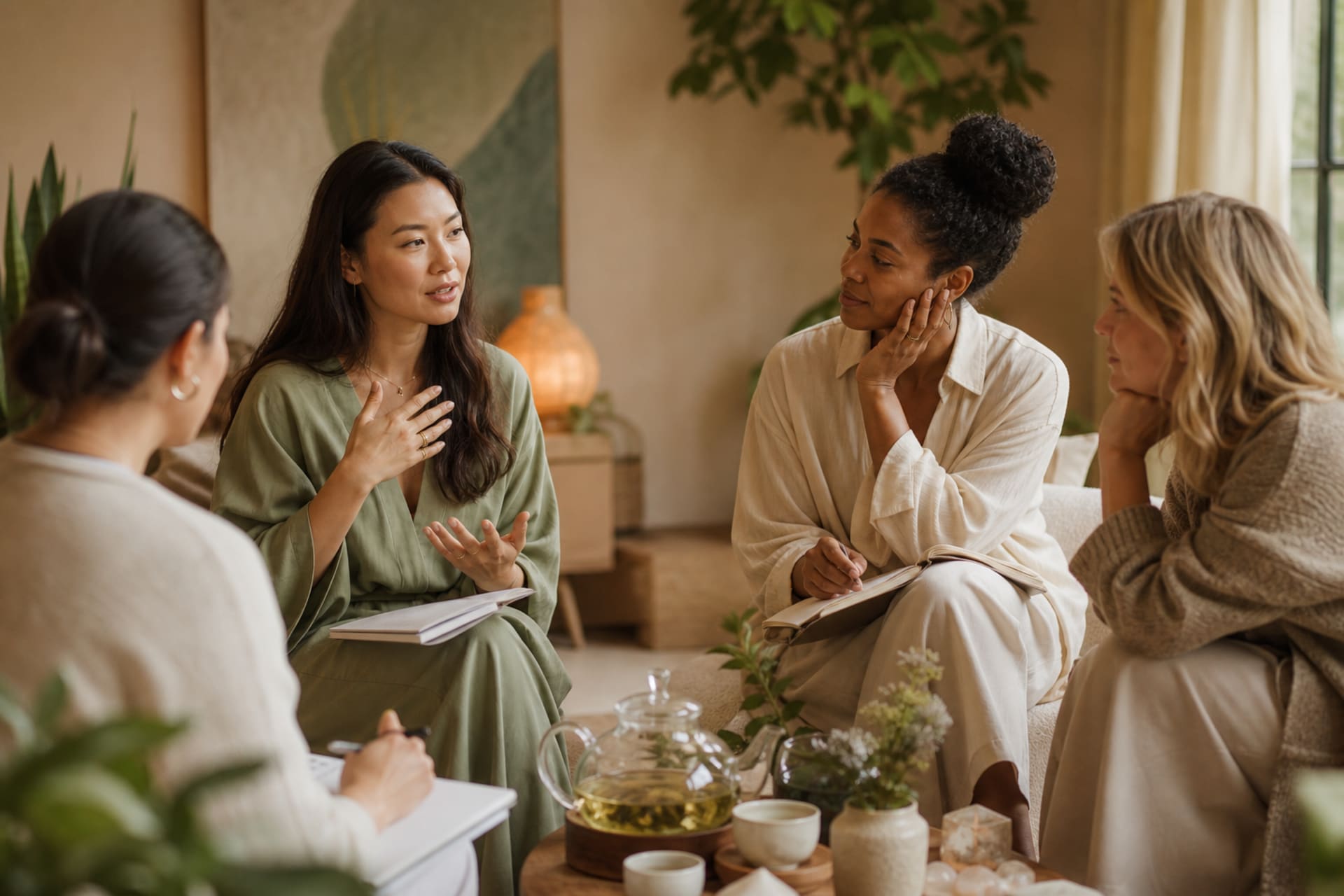 Women participating in group therapy and reflective workshops during a customized women's retreat focused on emotional wellness and empowerment
