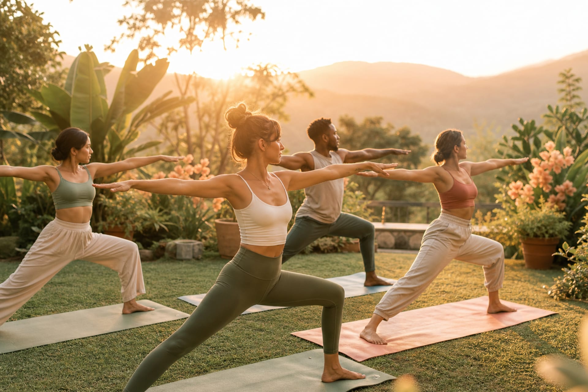 Sunrise outdoor yoga class at a customized yoga retreat with participants in warrior pose amid lush garden greenery