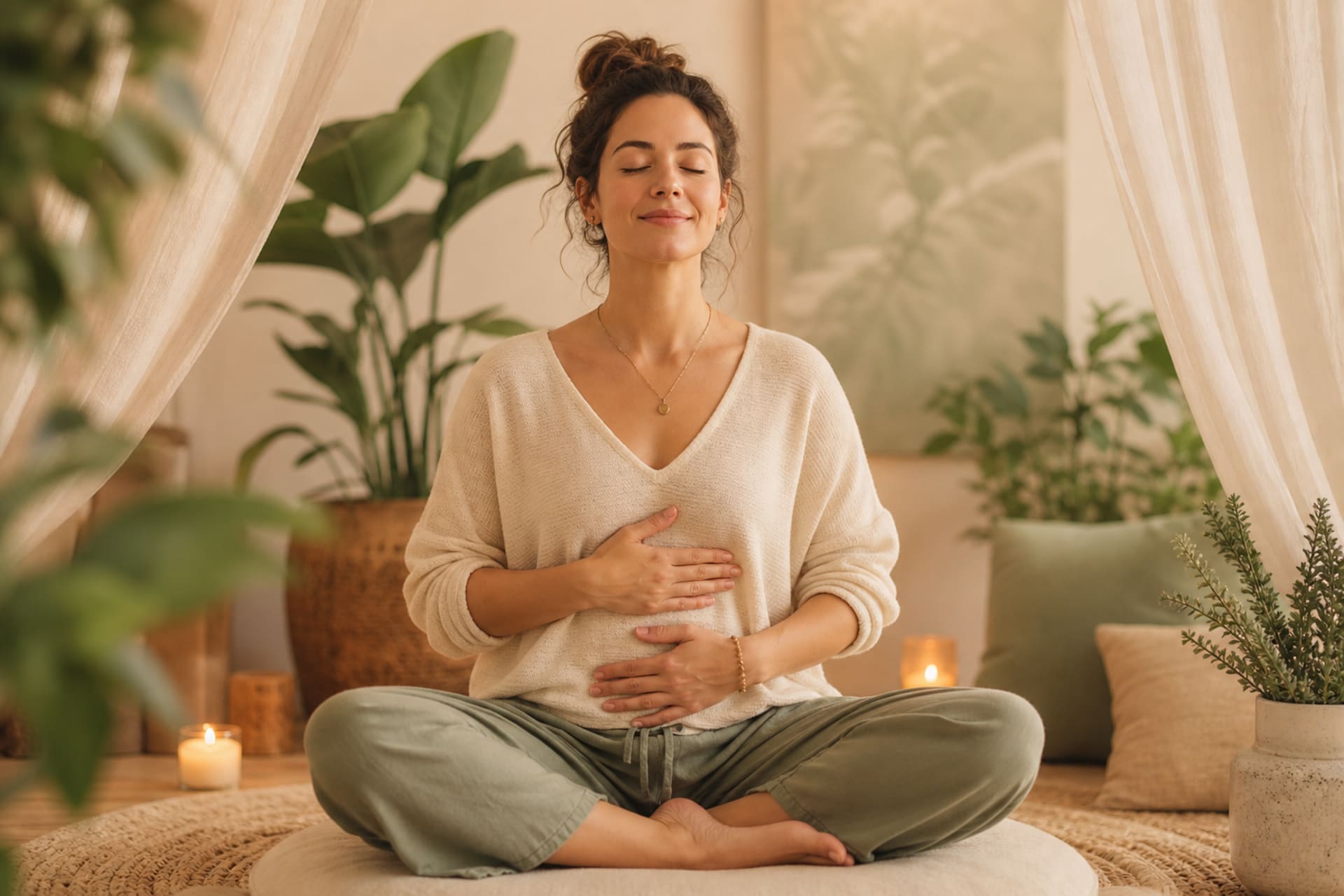 Guided breathwork and meditation session at a mental health yoga retreat for stress reduction and emotional balance
