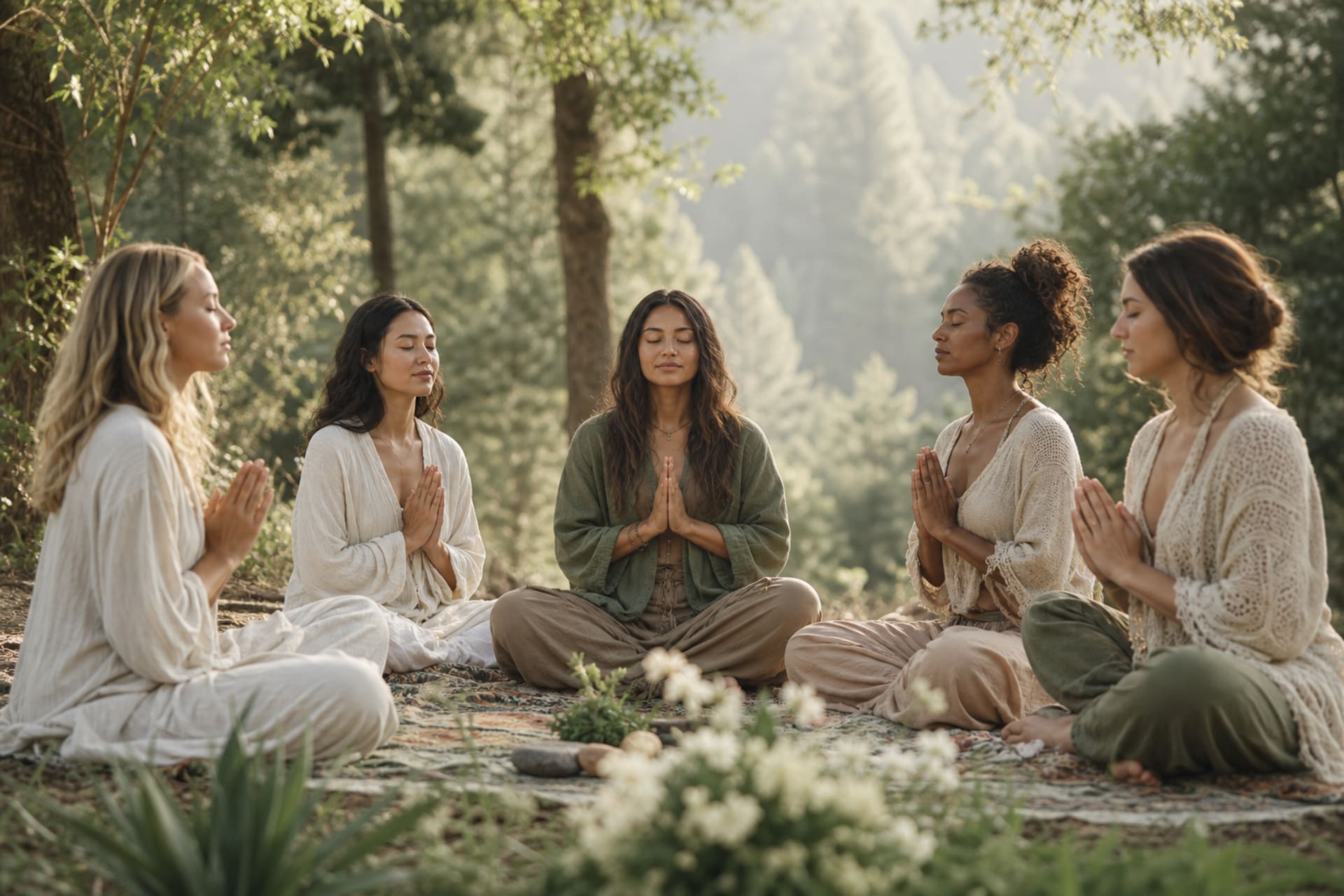 Women meditating and connecting during a customized women's retreat for wellness, mental health, and personal growth in a serene natural setting