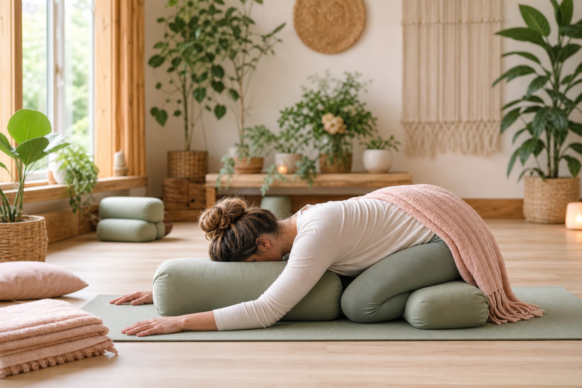 Restorative yoga with bolsters at a CBT wellness yoga retreat in a cozy sunlit studio