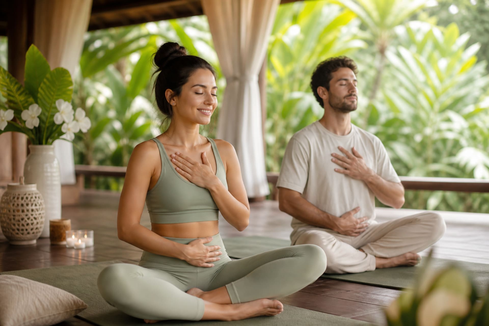Gentle seated yoga and mindfulness practice at a CBT yoga retreat in a serene open-air wellness pavilion