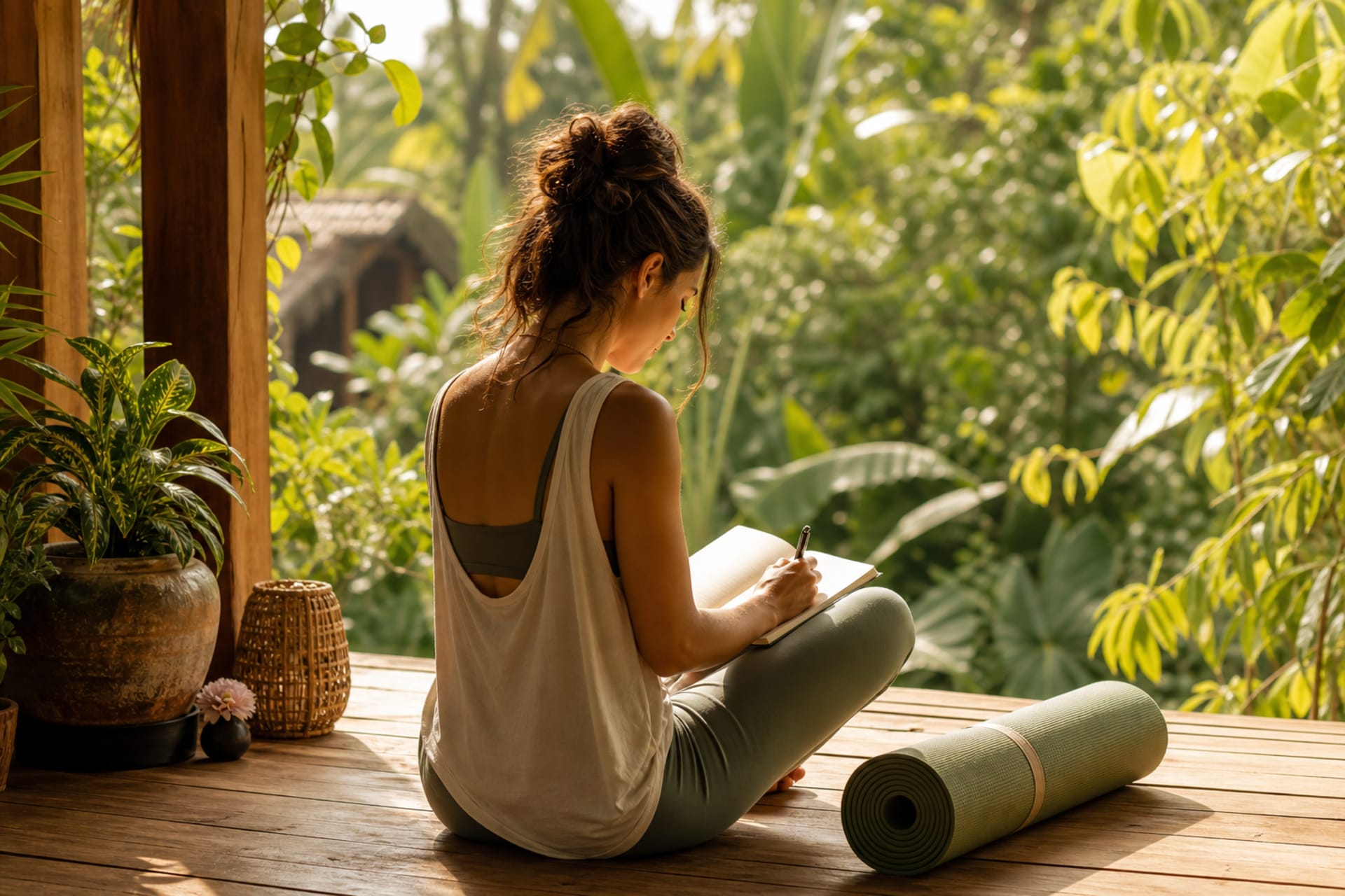 Reflective journaling after yoga practice at a customized yoga and meditation retreat overlooking a tropical garden